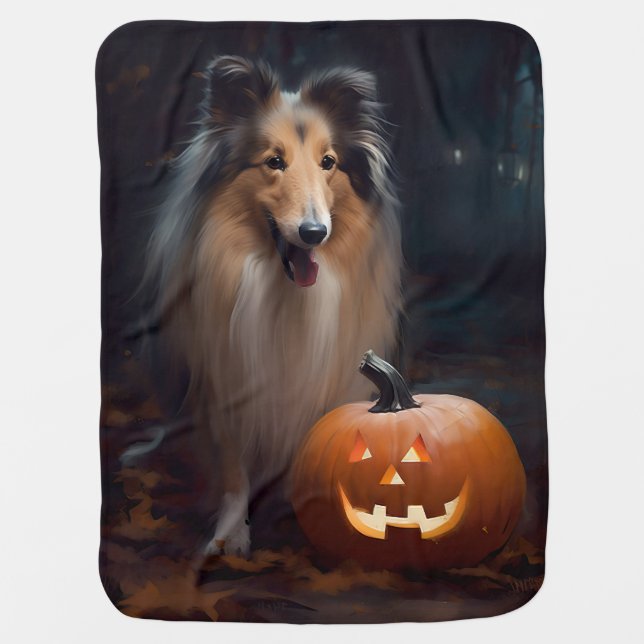 Halloween Rough Collie With Pumpkins Scary Baby Blanket (Front)