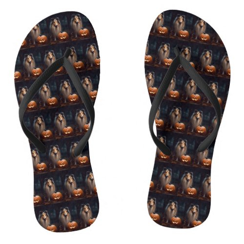 Halloween Rough Collie With Pumpkins Scary Flip Flops