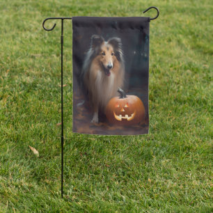 Halloween Rough Collie With Pumpkins Scary Garden Flag