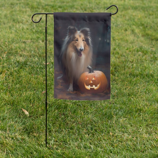 Halloween Rough Collie With Pumpkins Scary Garden Flag (In SItu)