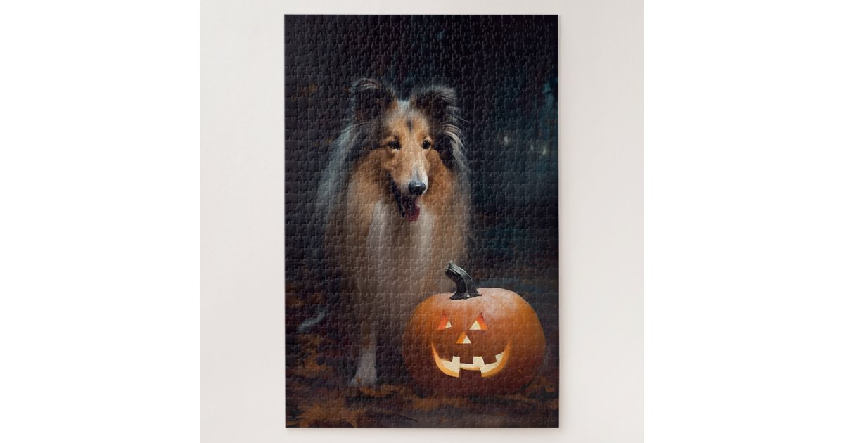 Halloween Rough Collie With Pumpkins Scary Jigsaw Puzzle | Zazzle