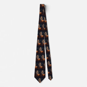 Halloween Rough Collie With Pumpkins Scary Neck Tie