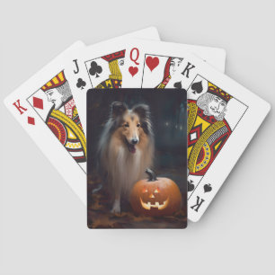 Halloween Rough Collie With Pumpkins Scary Poker Cards