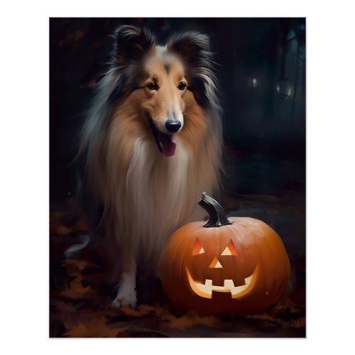 Halloween Rough Collie With Pumpkins Scary Poster