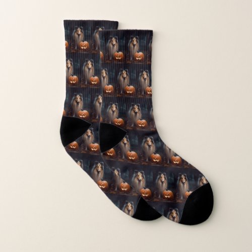 Halloween Rough Collie With Pumpkins Scary Socks