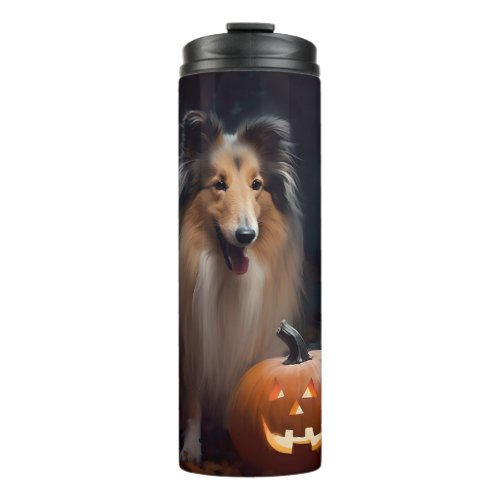 Halloween Rough Collie With Pumpkins Scary Thermal Tumbler