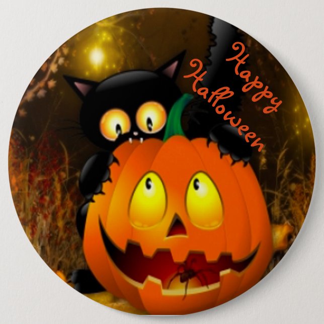 Halloween Round Button/Black Cat and Pumpkin Pinback Button (Front)