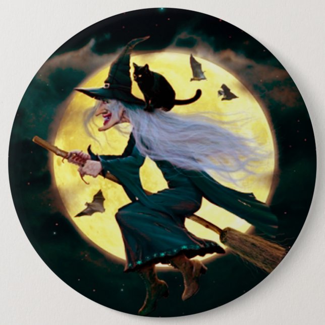 Halloween Round Button/Flying Witch Pinback Button (Front)