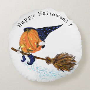 Halloween Round Pillow Witch Pumpkin Flying Broom