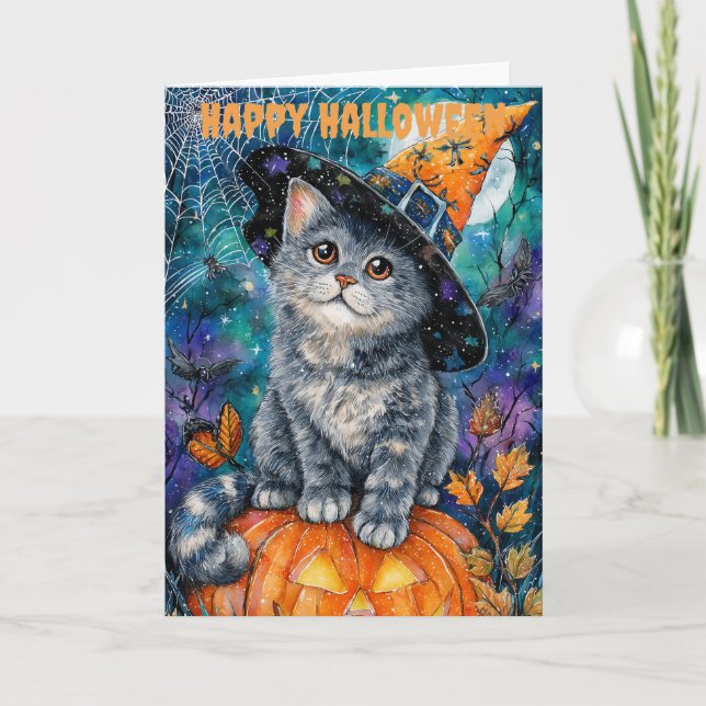 Halloween Russian Blue Cat Holiday Card (Front)