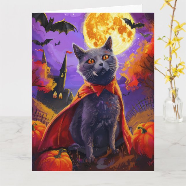Halloween Russian Blue Cat Vampire Pumpkins Scary Card (Yellow Flower)