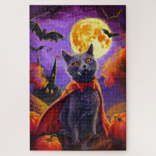 Halloween Russian Blue Cat Vampire Pumpkins Scary Jigsaw Puzzle