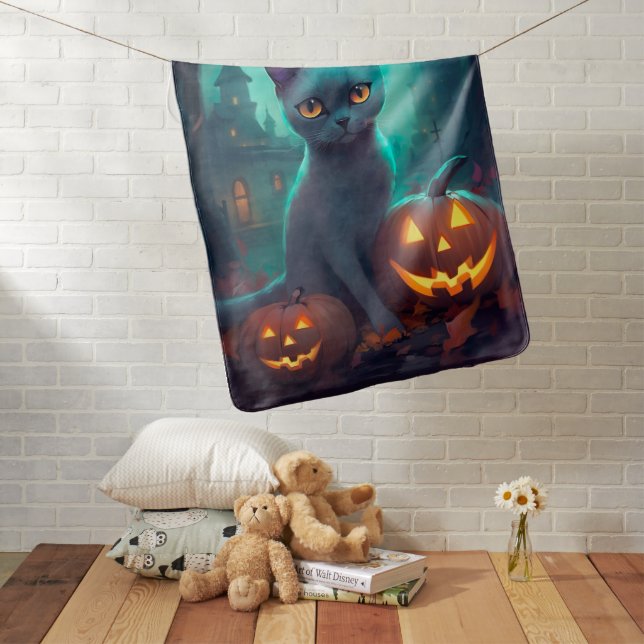 Halloween Russian Blue Cat With Pumpkins Scary Baby Blanket (In Situ)