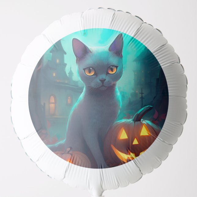 Halloween Russian Blue Cat With Pumpkins Scary Balloon (Front)