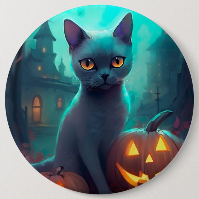 Halloween Russian Blue Cat With Pumpkins Scary Button (Front)