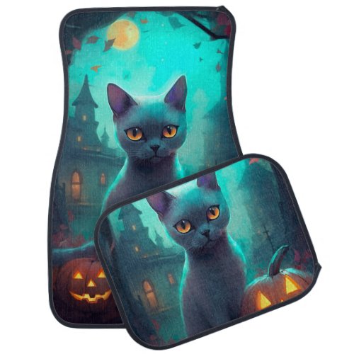Halloween Russian Blue Cat With Pumpkins Scary Car Floor Mat