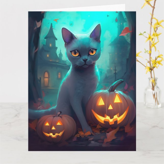 Halloween Russian Blue Cat With Pumpkins Scary Card (Yellow Flower)