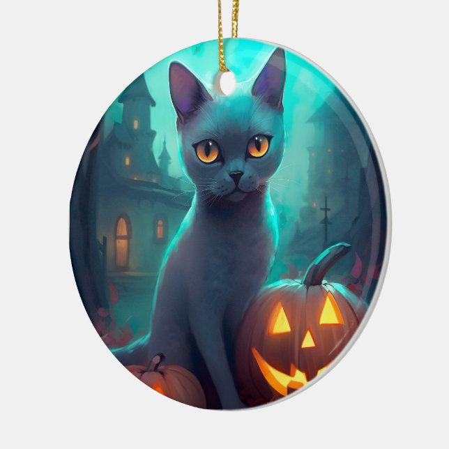 Halloween Russian Blue Cat With Pumpkins Scary Ceramic Ornament (Left)
