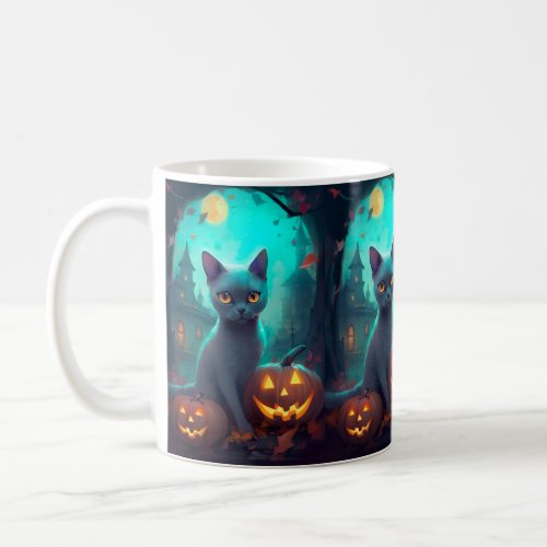 Halloween Russian Blue Cat With Pumpkins Scary Coffee Mug