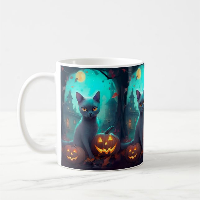 Halloween Russian Blue Cat With Pumpkins Scary Coffee Mug (Left)