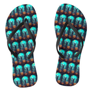 Halloween Russian Blue Cat With Pumpkins Scary Flip Flops