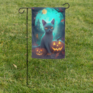 Halloween Russian Blue Cat With Pumpkins Scary Garden Flag