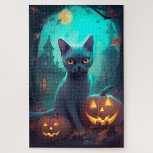Halloween Russian Blue Cat With Pumpkins Scary Jigsaw Puzzle