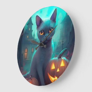 Halloween Russian Blue Cat With Pumpkins Scary Large Clock