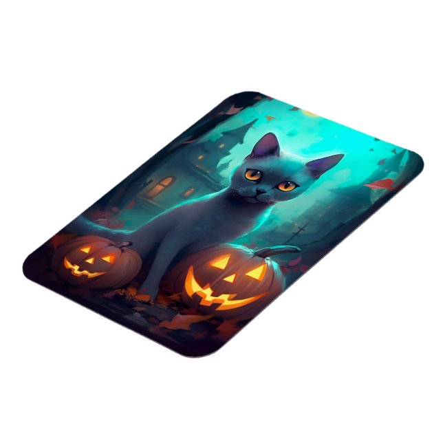 Halloween Russian Blue Cat With Pumpkins Scary Magnet (Left Side)