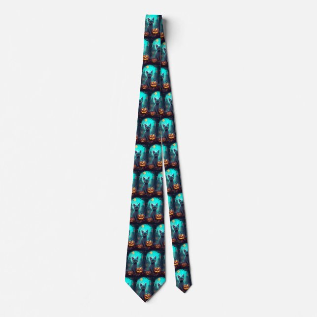Halloween Russian Blue Cat With Pumpkins Scary Neck Tie (Front)