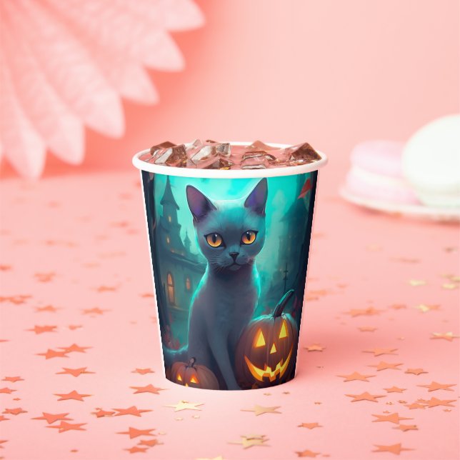 Halloween Russian Blue Cat With Pumpkins Scary Paper Cups (Insitu)