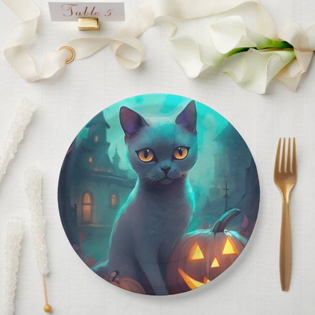 Halloween Russian Blue Cat With Pumpkins Scary Paper Plates (Wedding)