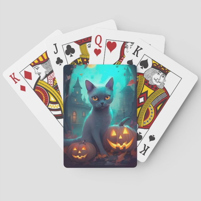 Halloween Russian Blue Cat With Pumpkins Scary Poker Cards (Back)