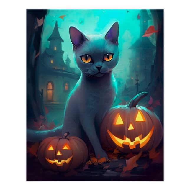 Halloween Russian Blue Cat With Pumpkins Scary Poster (Front)