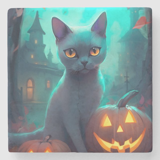 Halloween Russian Blue Cat With Pumpkins Scary Stone Coaster (Front)