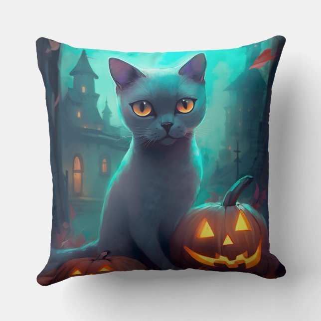 Halloween Russian Blue Cat With Pumpkins Scary Throw Pillow (Back)
