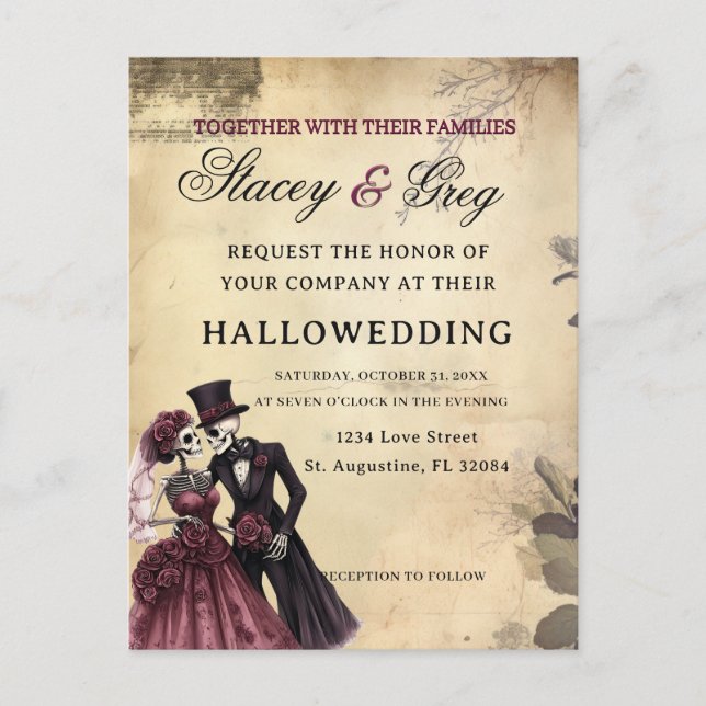Halloween Rustic Gothic Skeleton Wedding  Postcard (Front)