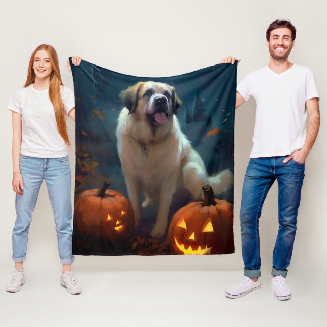Halloween Saint Bernard With Pumpkins Scary  Fleece Blanket (In Situ)