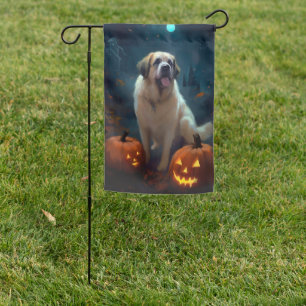 Halloween Saint Bernard With Pumpkins Scary Garden Flag