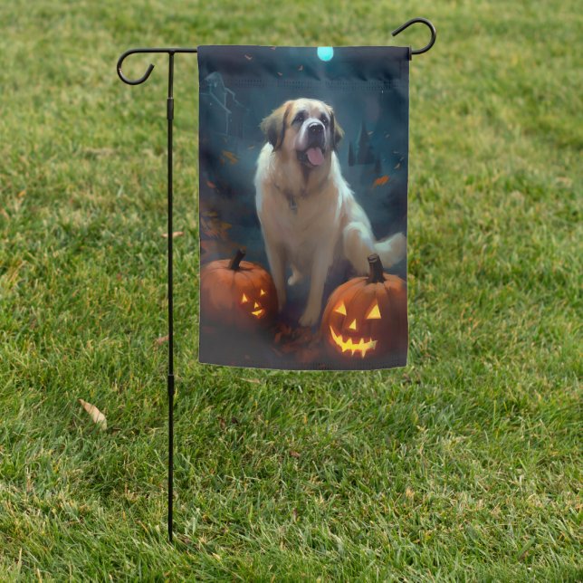 Halloween Saint Bernard With Pumpkins Scary  Garden Flag (In SItu)