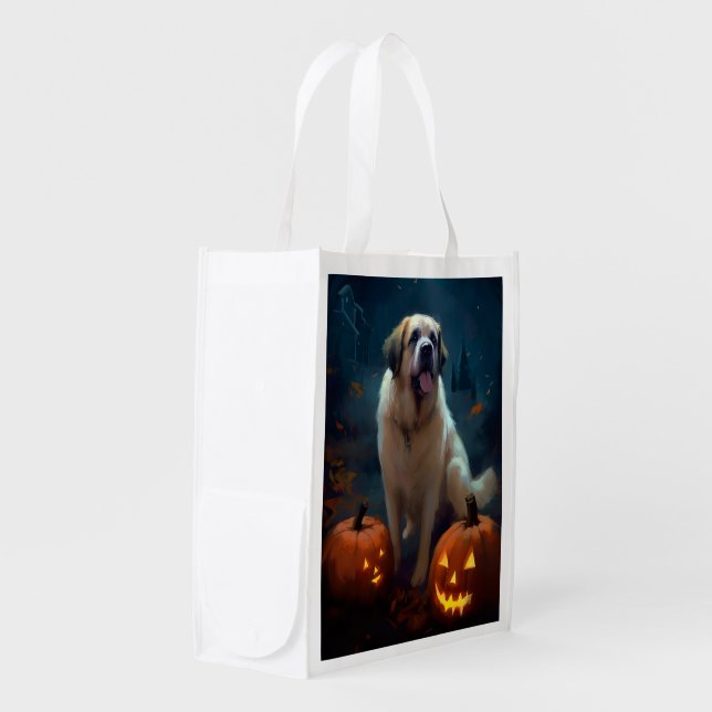 Halloween Saint Bernard With Pumpkins Scary  Grocery Bag (Front Side)