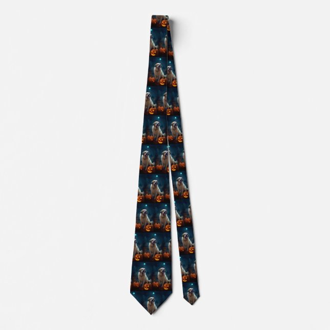 Halloween Saint Bernard With Pumpkins Scary  Neck Tie (Front)