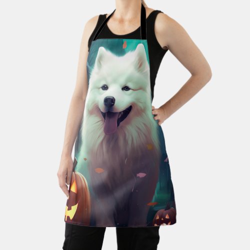 Halloween Samoyed With Pumpkins Scary Apron
