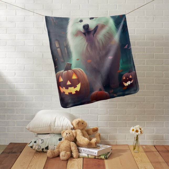 Halloween Samoyed With Pumpkins Scary Baby Blanket (In Situ)