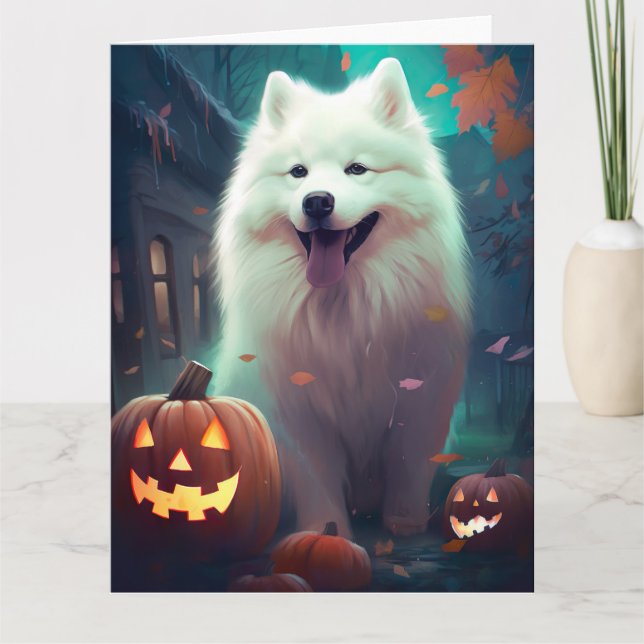 Halloween Samoyed With Pumpkins Scary Card (Front)