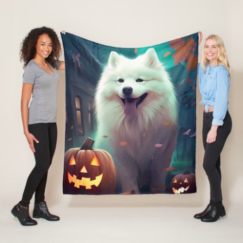 Halloween Samoyed With Pumpkins Scary Fleece Blanket