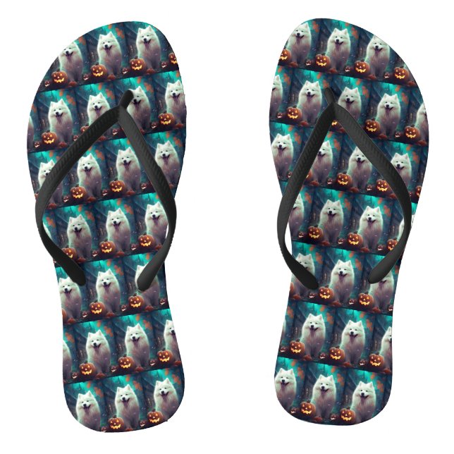Halloween Samoyed With Pumpkins Scary Flip Flops (Footbed)