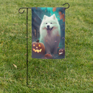 Halloween Samoyed With Pumpkins Scary Garden Flag