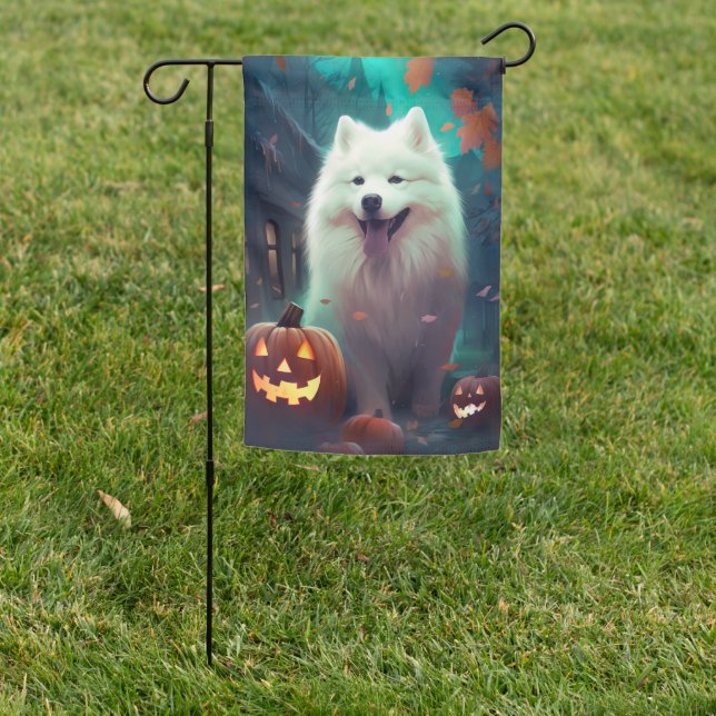 Halloween Samoyed With Pumpkins Scary Garden Flag (In SItu)