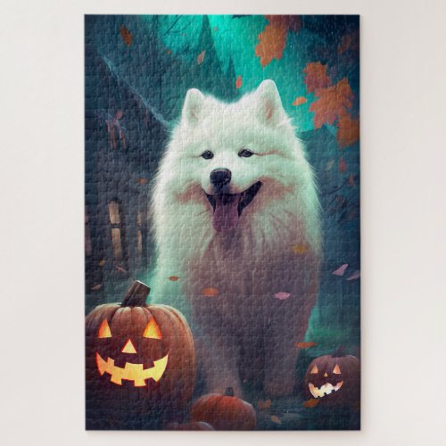 Halloween Samoyed With Pumpkins Scary Jigsaw Puzzle